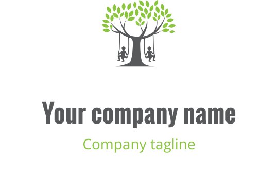 Oyunlu ağaç logo tasarımı, yeşil yapraklar ve salıncakta çocuklar ile