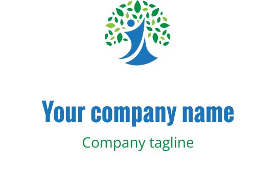 Yeşil yapraklı stilize ağaç ve mavi figür içeren modern logo tasarımı