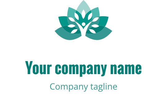 Şık bir teal logo tasarımı, yapraklarla süslenmiş stilize lotus çiçeği içeriyor