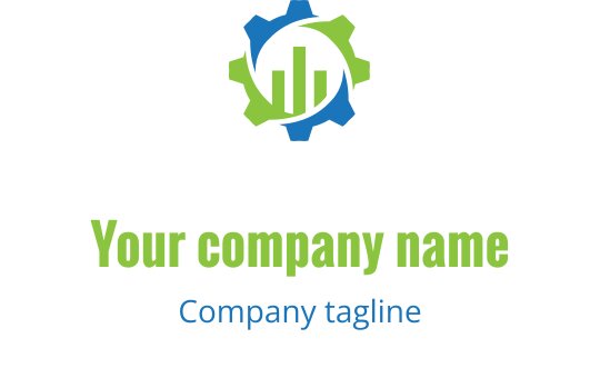Yeşil ve mavi renklerde dişli ve çubuk grafiği içeren modern logo tasarımı
