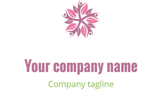 Şık pembe çiçekli logo tasarımı, yuvarlak yapraklar ve yeşil metin ile