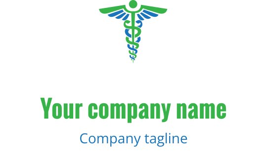 Modern tıbbi logo tasarımı, yeşil ve mavi unsurlarla caduceus içeriyor