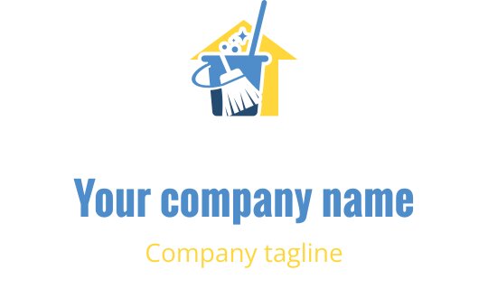 Ev, süpürge ve kova içeren temiz ve modern logo tasarımı