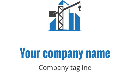 Modern inşaat logo tasarımı, vinç ve mavi binalar içeriyor