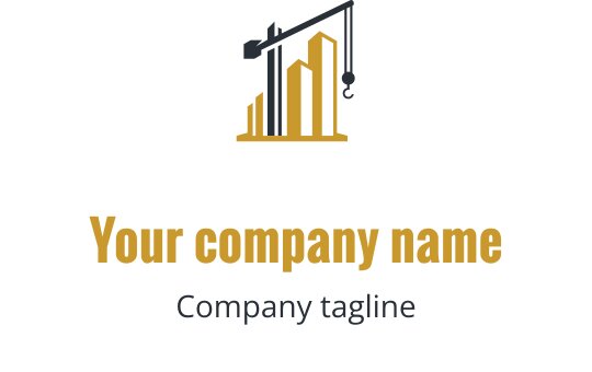Altın ve siyah renklerde vinç ve bina silüetleri içeren modern logo tasarımı