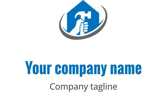 Mavi bir ev şeklinde elinde çekiç tutan modern logo tasarımı