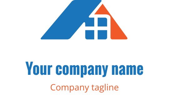 Modern mavi ve turuncu logo tasarımı, stilize edilmiş çatı ve pencere içeriyor