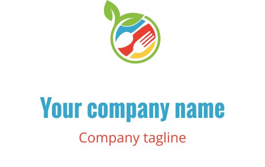 Renkli dairesel logo tasarımı, yaprak, çatal ve kaşık içeriyor