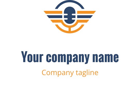 Mavi ve turuncu renklerde kanat unsurlarıyla mikrofon içeren modern logo tasarımı