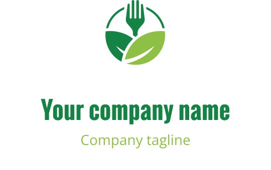 Dairesel düzen içinde çatal ve yeşil yapraklar içeren modern logo tasarımı