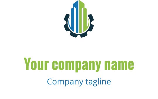 Mavi ve yeşil bir gökdelenin dişli şeklinde yer aldığı modern logo tasarımı