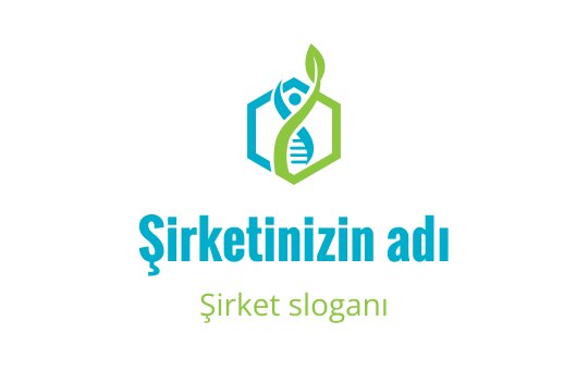 Modern altıgen logo tasarımı, yeşil yaprak ve mavi figür içeriyor