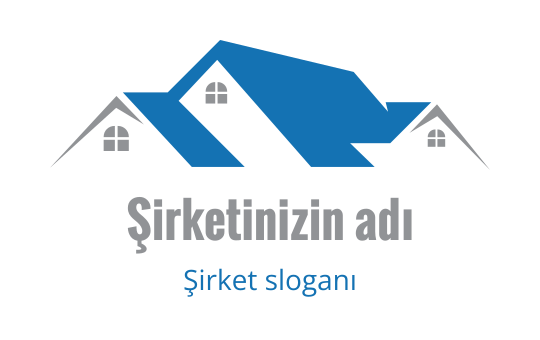 Modern mavi ve gri logo tasarımı, stilize edilmiş çatı ve pencereler içeriyor