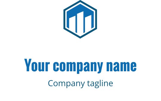 Mavi renkli soyut bina şekilleri içeren modern altıgen logo tasarımı