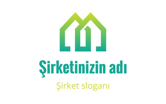 Modern yeşil ve mavi logo tasarımı, stilize edilmiş ev şekilleri içeriyor