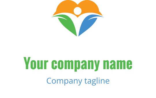 Renkli kalp logo tasarımı, yeşil ve mavi yapraklarla
