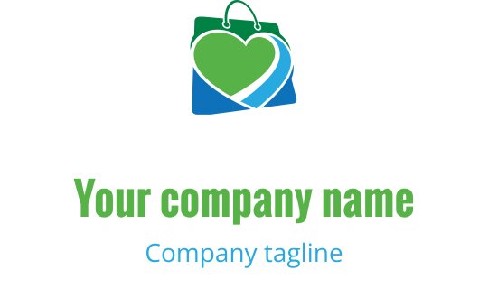 Yeşil ve mavi alışveriş unsurları içeren yaratıcı kalp logo tasarımı
