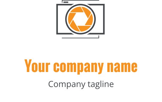 Modern logo tasarımı, turuncu detaylara sahip gri bir kamera merceği içeriyor