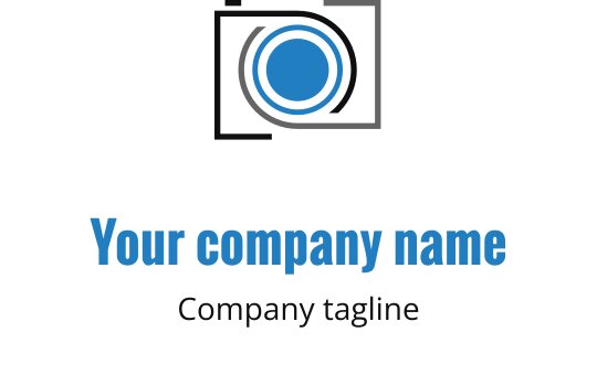 Mavi ve gri kamera merceği ile modern logo tasarımı, şık siyah kenar çizgisiyle