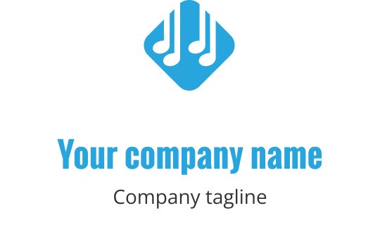 Şık mavi logo tasarımı, stilize edilmiş ses dalgaları ve nota simgeleri içeriyor