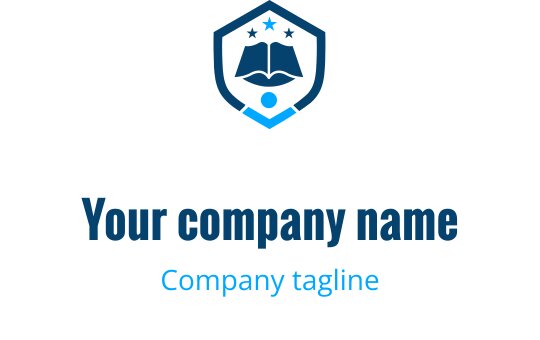 Mavi renkte açık bir kitap ve yıldızlar içeren kalkan logo tasarımı