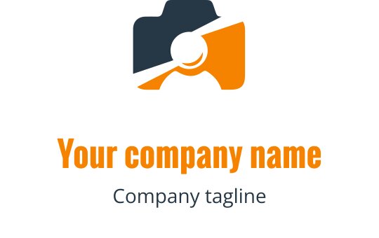 Minimalist lacivert ve turuncu logo tasarımı, stilize edilmiş bir kamera içeriyor