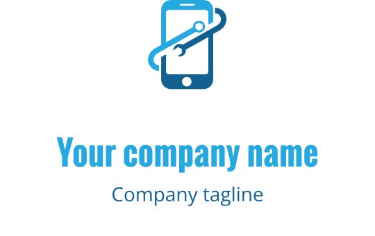 Onarım aletleriyle stilize edilmiş mobil cihaz içeren yeşil ve mavi logo tasarımı