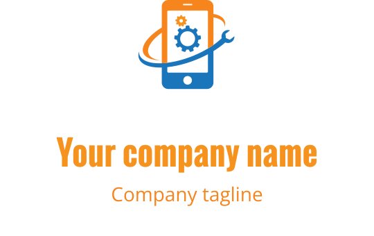 Onarım aletleriyle stilize edilmiş mobil cihaz içeren turkuaz ve turuncu logo tasarımı