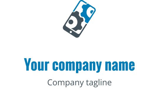 Onarıcı aletler içeren stilize bir mobil cihazla yeşil ve mavi logo tasarımı
