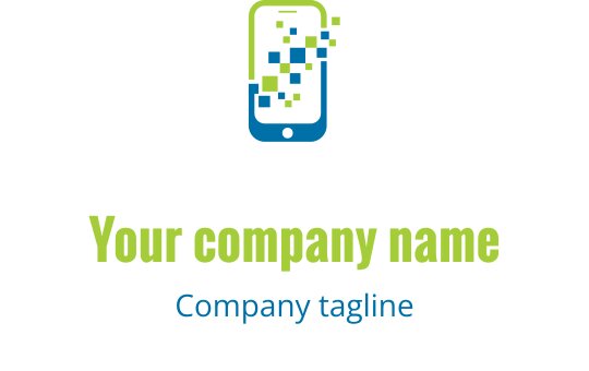 Yeşil ve mavi piksel detaylarına sahip modern akıllı telefon logo tasarımı