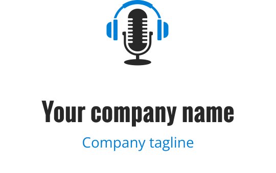 Mavi kulaklıklar ve kalın yazı ile modern mikrofon logo tasarımı
