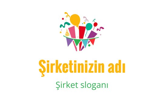 Renkli parti logo tasarımı, balonlar ve şenlikli süslemeler içeriyor
