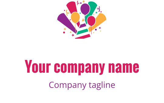 Renkli parti logo tasarımı, balonlar ve şenlik unsurları içeriyor