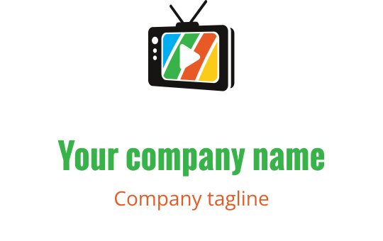 Renkli televizyon logo tasarımı, play butonu ve canlı şeritler ile