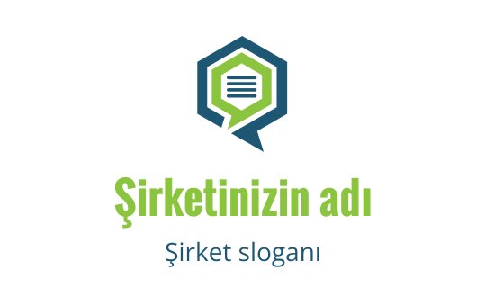Modern altıgen logo tasarımı, konuşma balonu ve katmanlı metin unsurları içeriyor