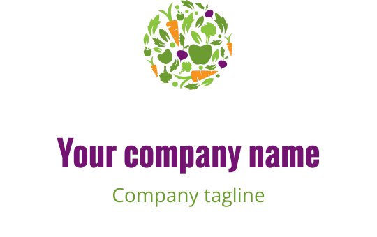 Renkli logo tasarımı, sebzeler ve yaprakların dairesel düzenlemesini içeriyor