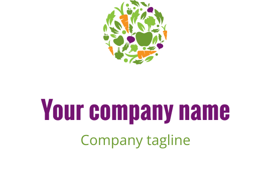 Renkli logo tasarımı, sebzeler ve yaprakların dairesel düzenlemesini içeriyor