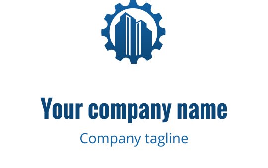 Mavi renkte dişli ve bina silueti içeren modern logo tasarımı