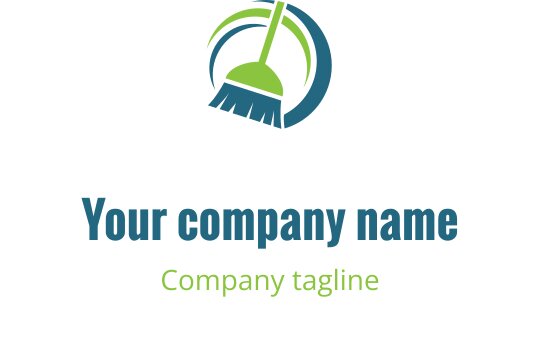 Yeşil ve mavi renklerde süpürge ve dairesel unsurlar içeren modern logo tasarımı