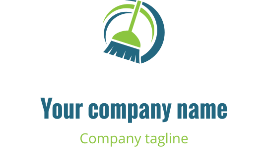 Yeşil ve mavi renklerde süpürge ve dairesel unsurlar içeren modern logo tasarımı