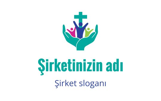Çeşitli figürleri ve bir haçı destekleyen ellerin yer aldığı renkli logo tasarımı