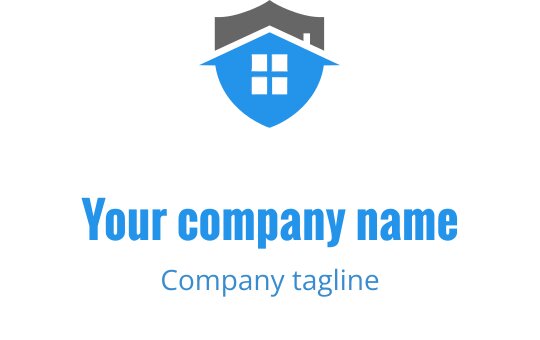 Mavi ev silueti ve kalın yazı içeren kalkan şeklinde logo tasarımı