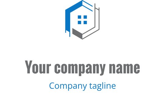 Modern altıgen logo tasarımı, ev silueti ve mavi vurgular içeriyor