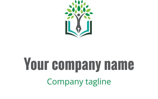 Modern logo tasarımı, stilize figürler ve açık bir kitap içeriyor