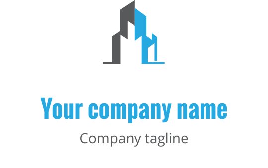 Minimalist gri ve mavi logo tasarımı, stilize edilmiş bir bina silueti içeriyor