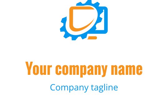 Modern mavi ve turuncu logo tasarımı, stilize edilmiş bir bilgisayar ve aletler içeriyor